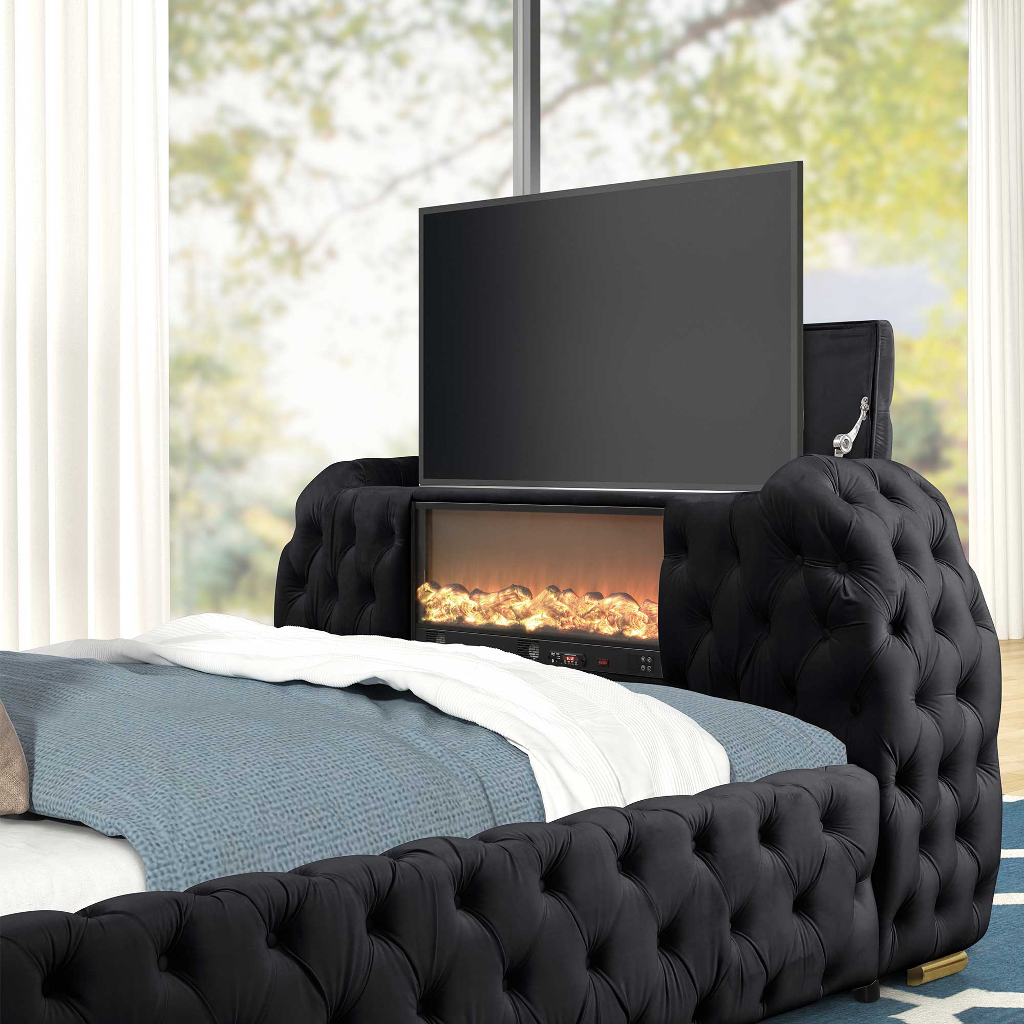 Luxurious Velvet Upholstered Queen Bed with TV Lift, Fireplace & Bluetooth Speakers