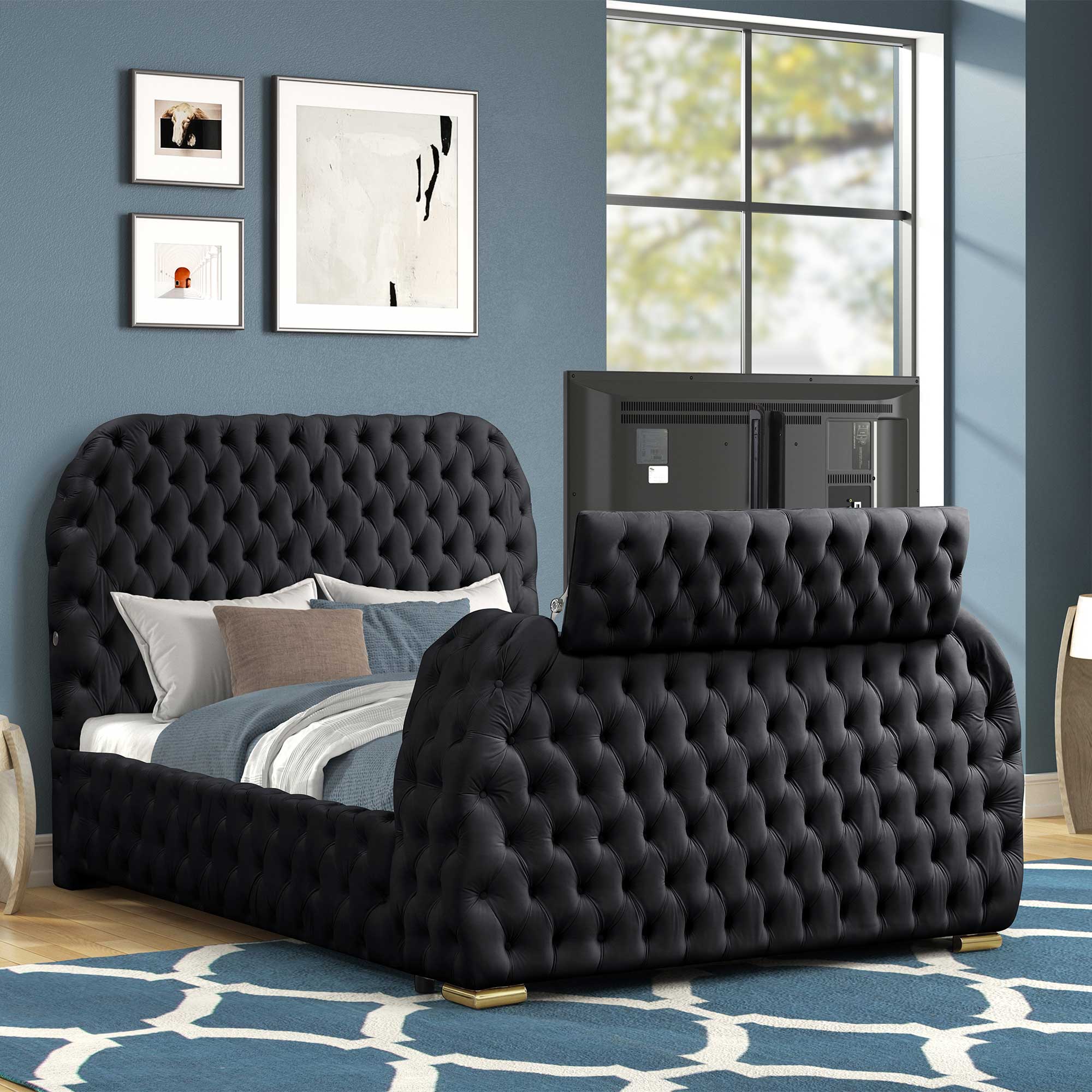 Luxurious Velvet Upholstered Queen Bed with TV Lift, Fireplace & Bluetooth Speakers