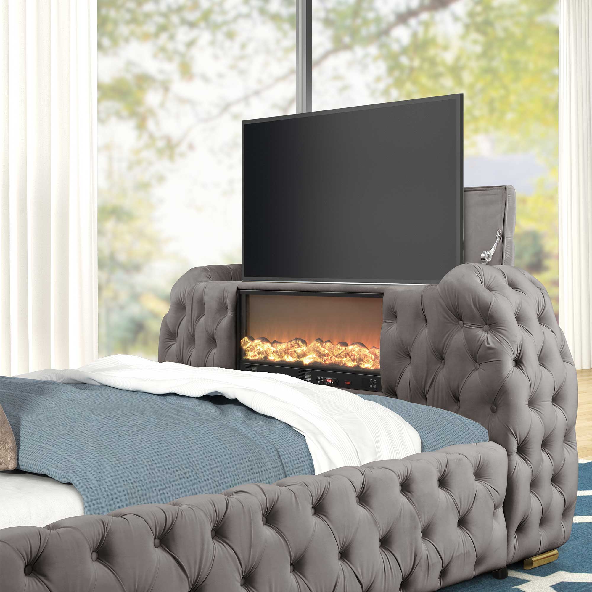 Luxurious Velvet Upholstered Queen Bed with TV Lift, Fireplace & Bluetooth Speakers
