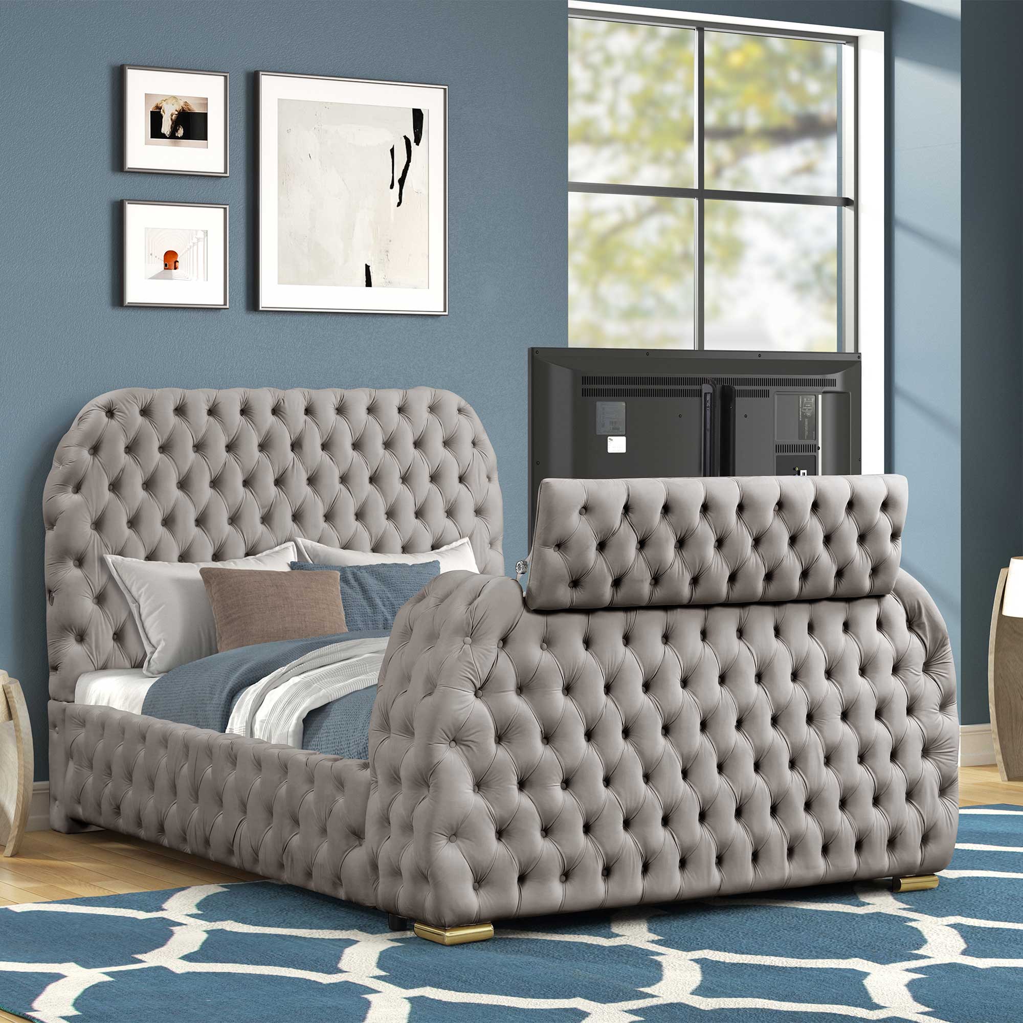 Luxurious Velvet Upholstered Queen Bed with TV Lift, Fireplace & Bluetooth Speakers