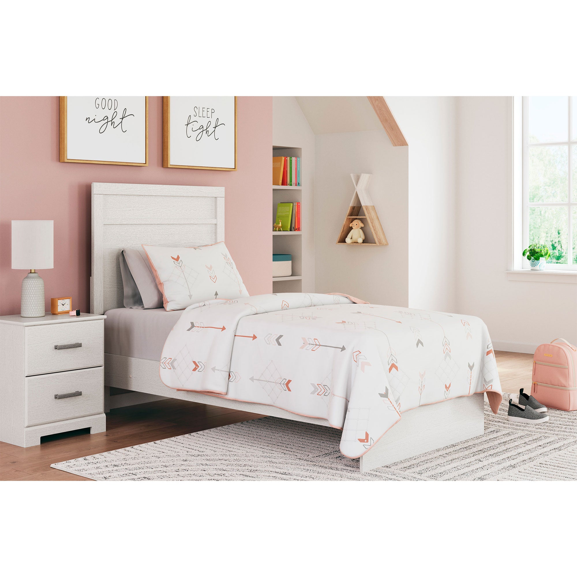 Stelsie Twin Panel Bed with Mirrored Dresser