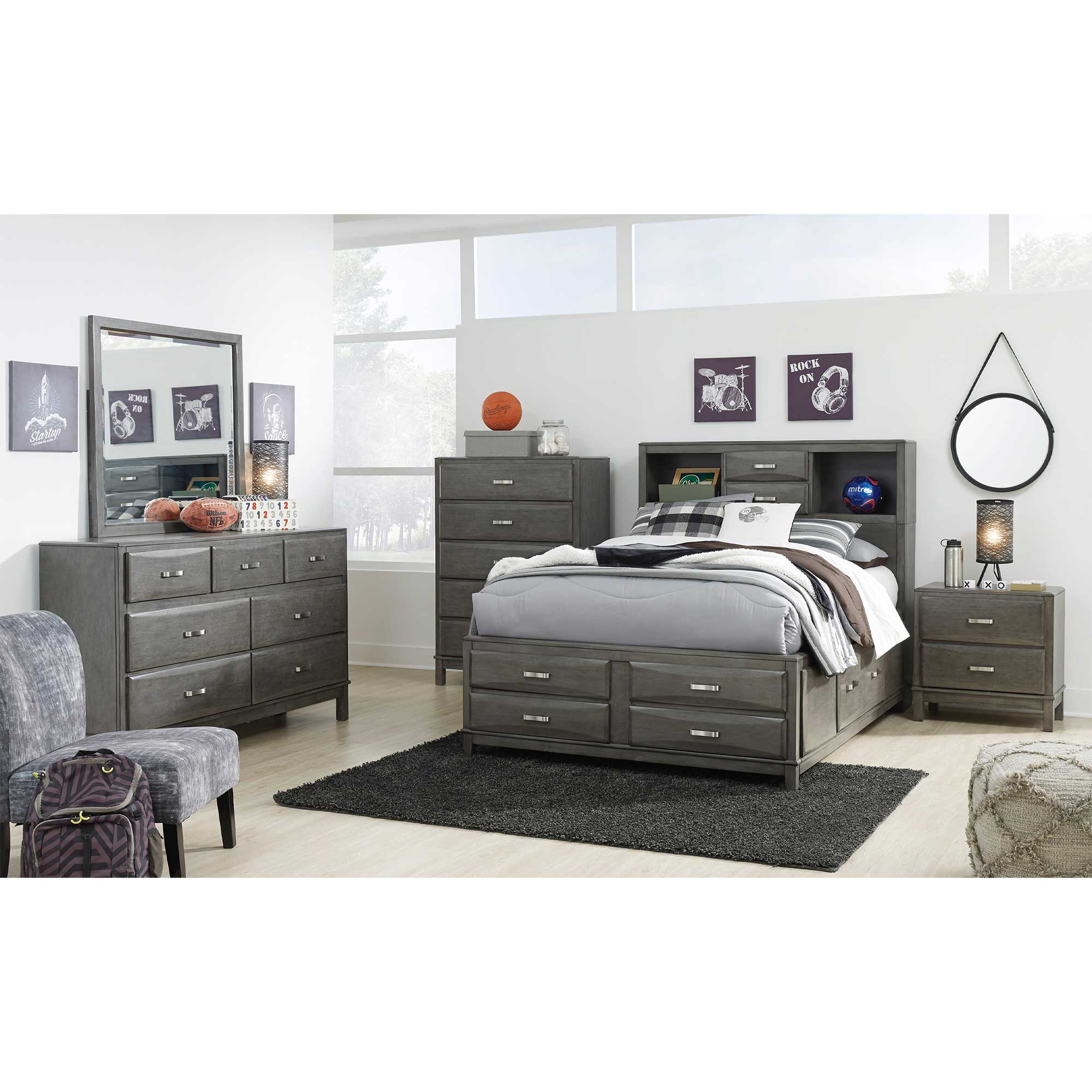 Caitbrook Full Storage Bed with 8 Storage Drawers with Mirrored Dresser