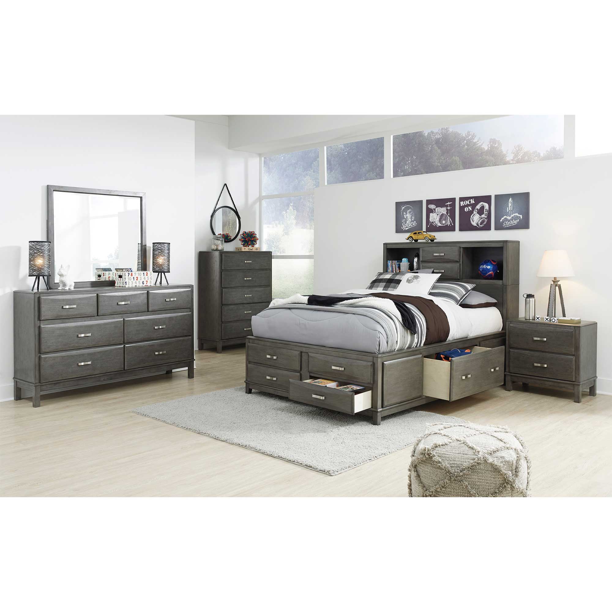 Caitbrook Full Storage Bed with 8 Storage Drawers with Mirrored Dresser