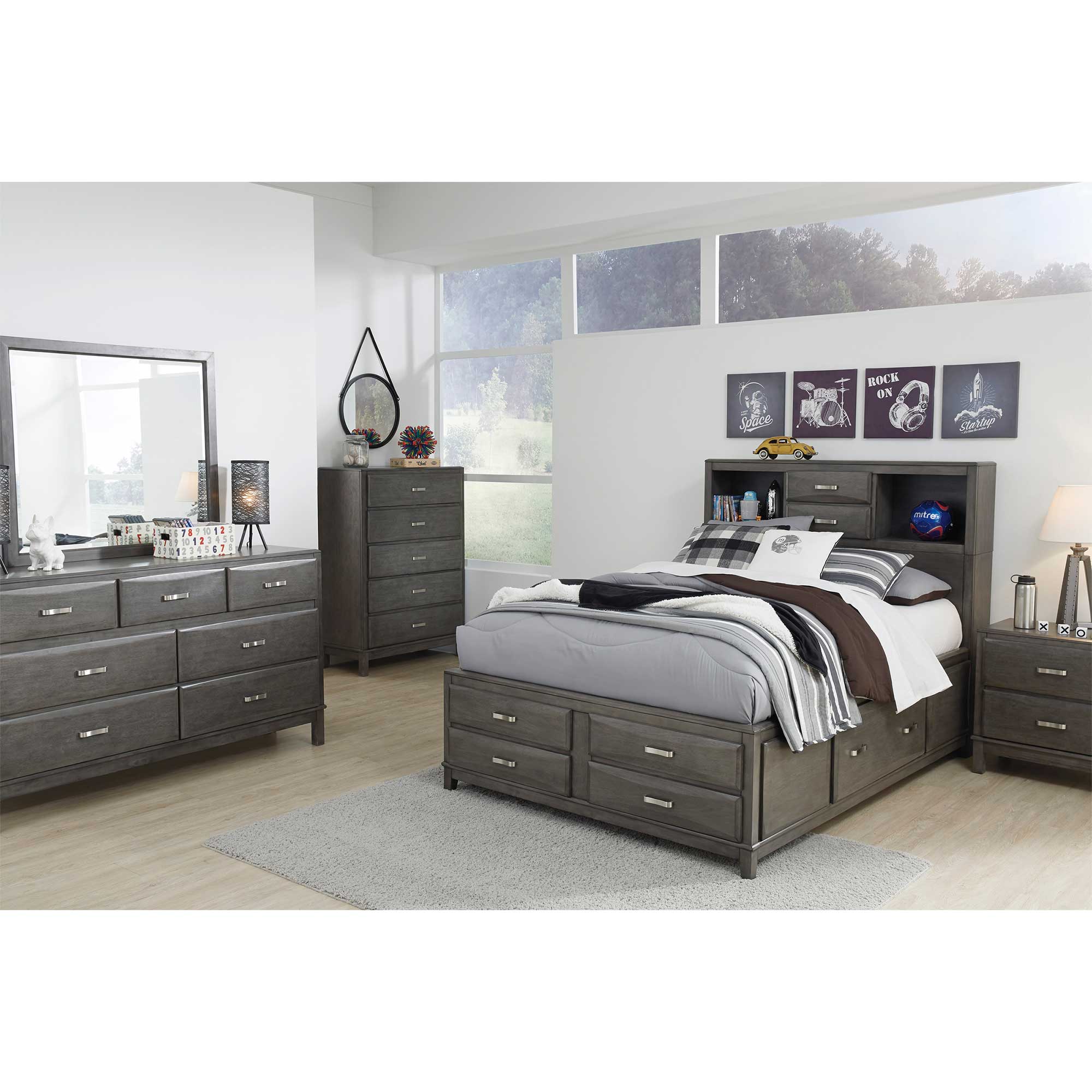 Caitbrook Full Storage Bed with 8 Storage Drawers with Mirrored Dresser