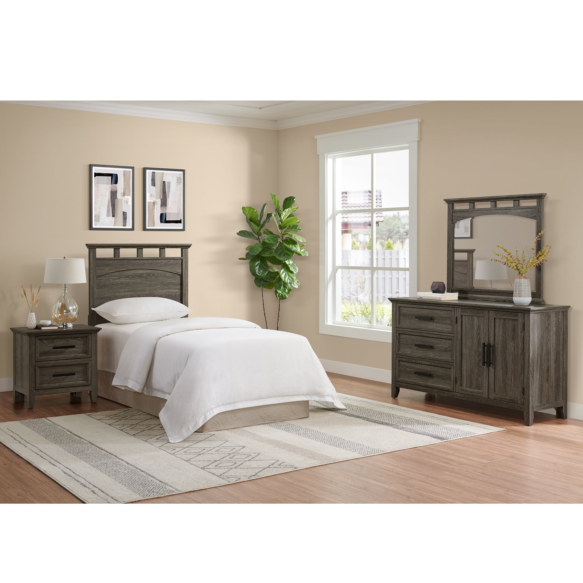 Matias Twin Panel Headboard Bed with Mirrored Dresser and Nightstand