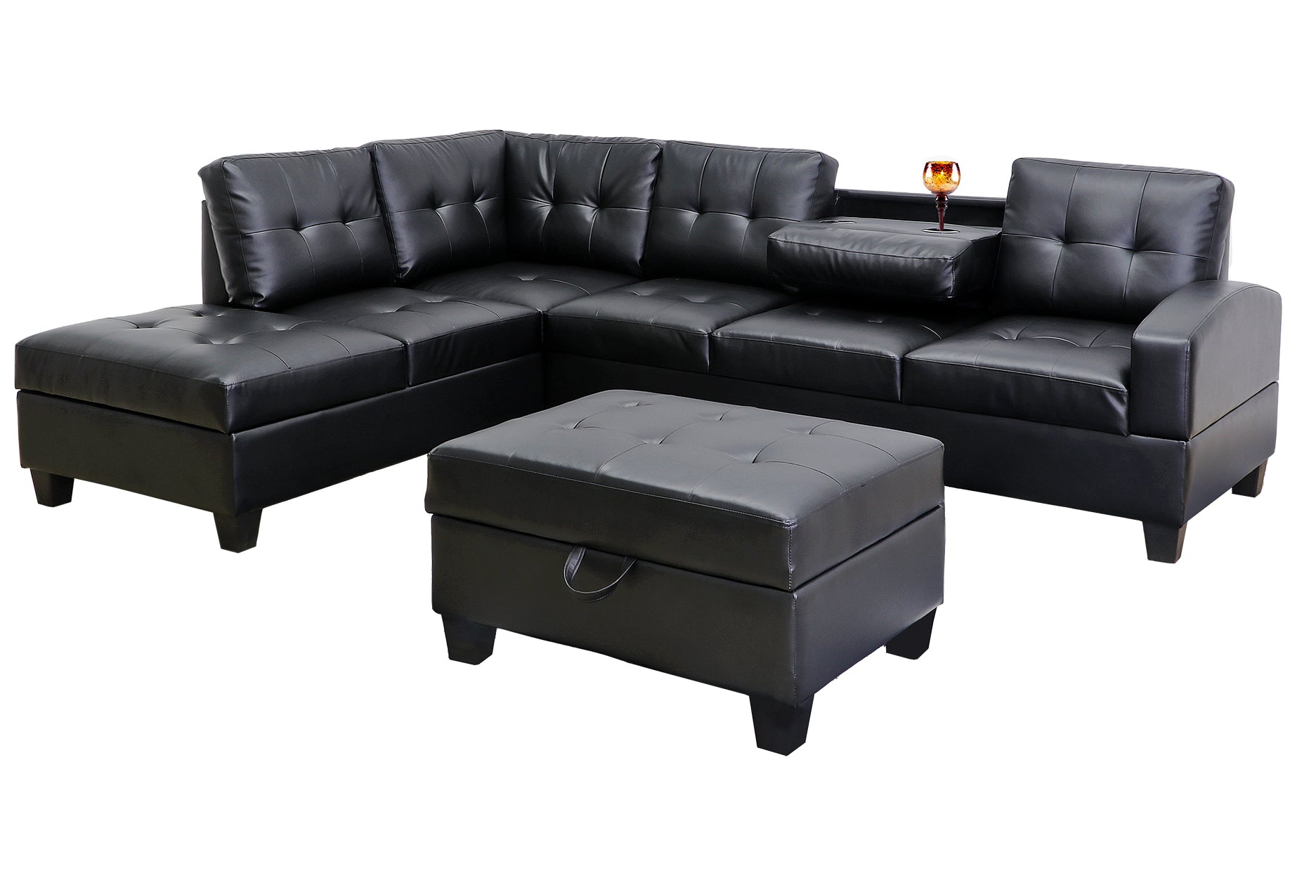 ChicHarmony Sectional With Storage Ottoman - Black Faux Leather Sectional Milwaukee