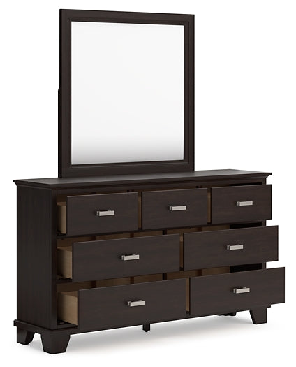 Covetown King Panel Bed with Mirrored Dresser and Chest