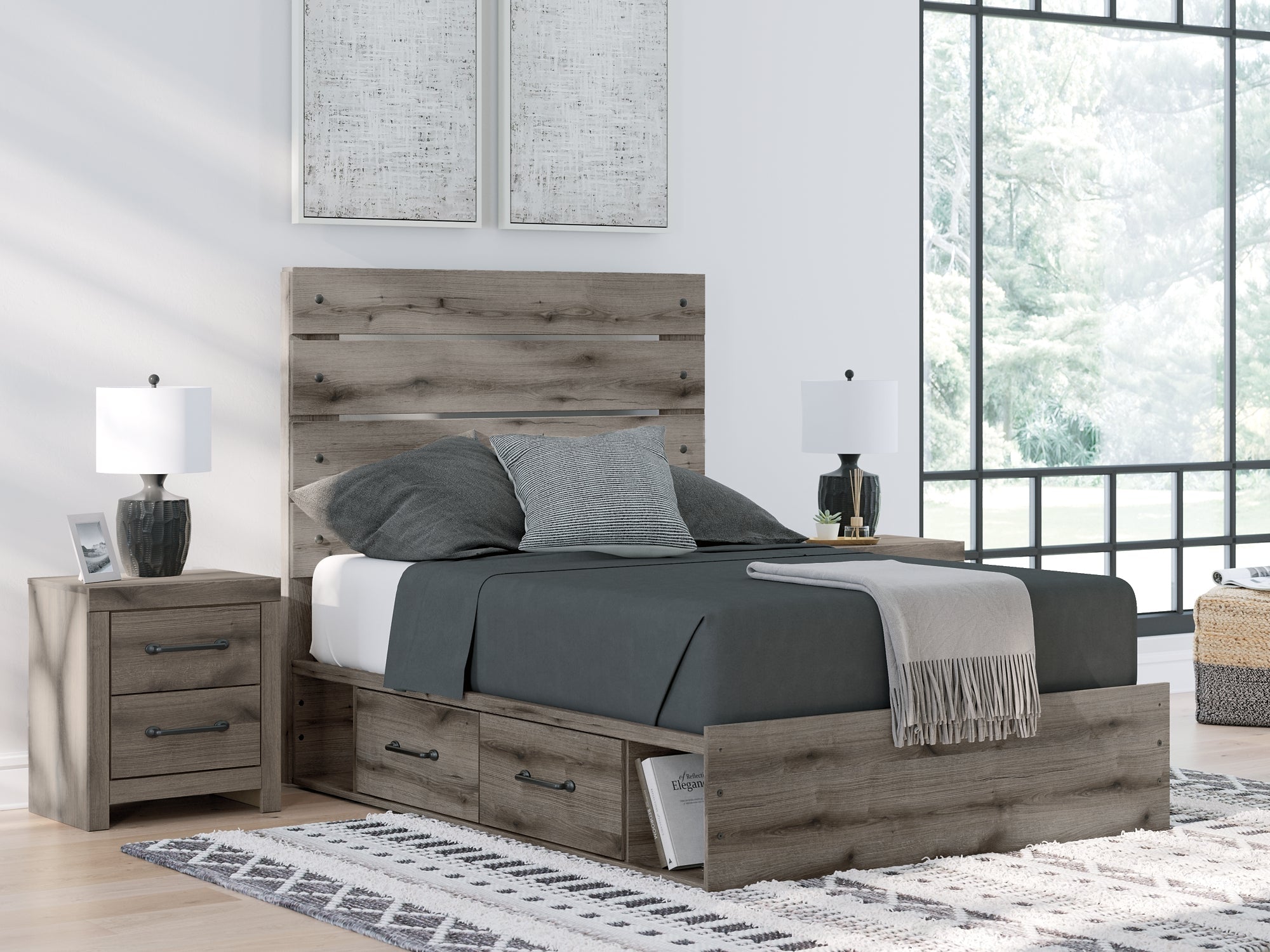 Graystorm Full Panel Bed with Storage with Mirrored Dresser and Nightstand