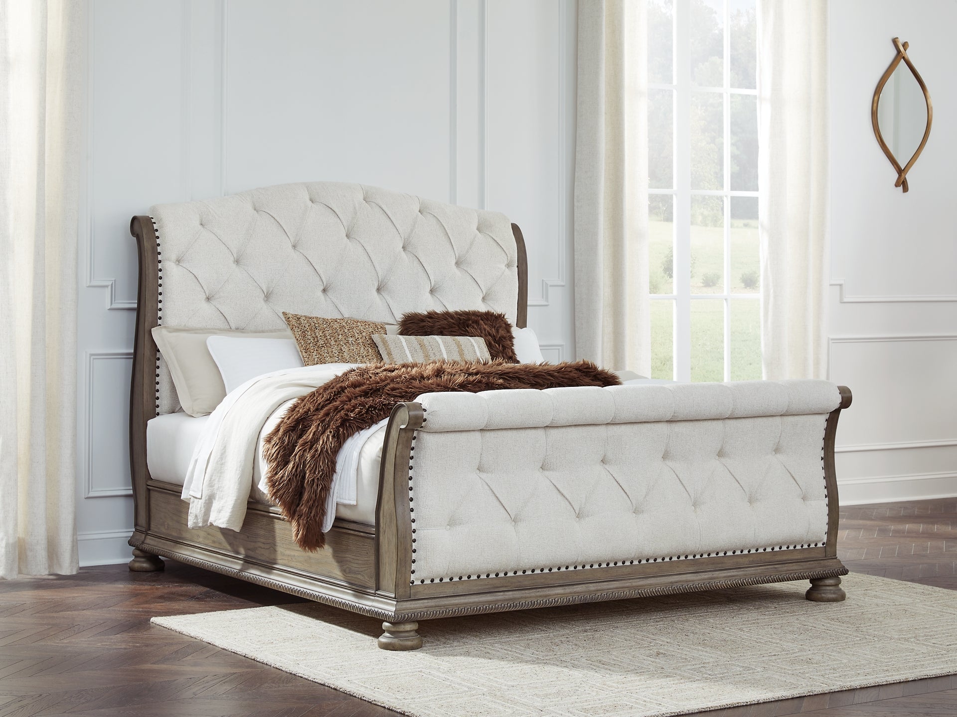 Ardenfield King Upholstered Sleigh Bed with Mirrored Dresser and Chest