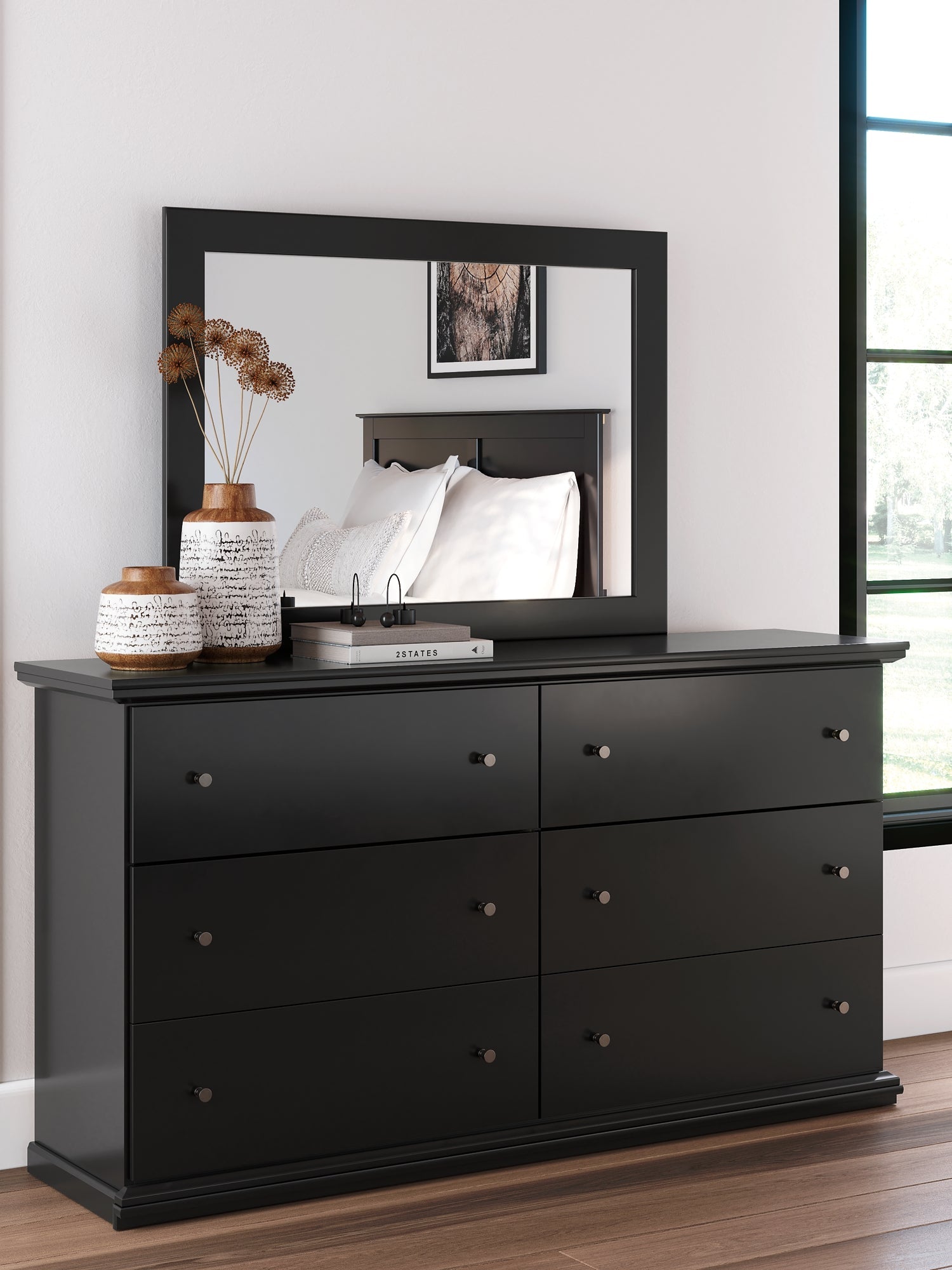 Maribel King Panel Bed with Mirrored Dresser, Chest and Nightstand