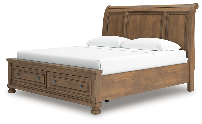 Feddinger King Storage Sleigh Bed with Mirrored Dresser, Chest and Nightstand