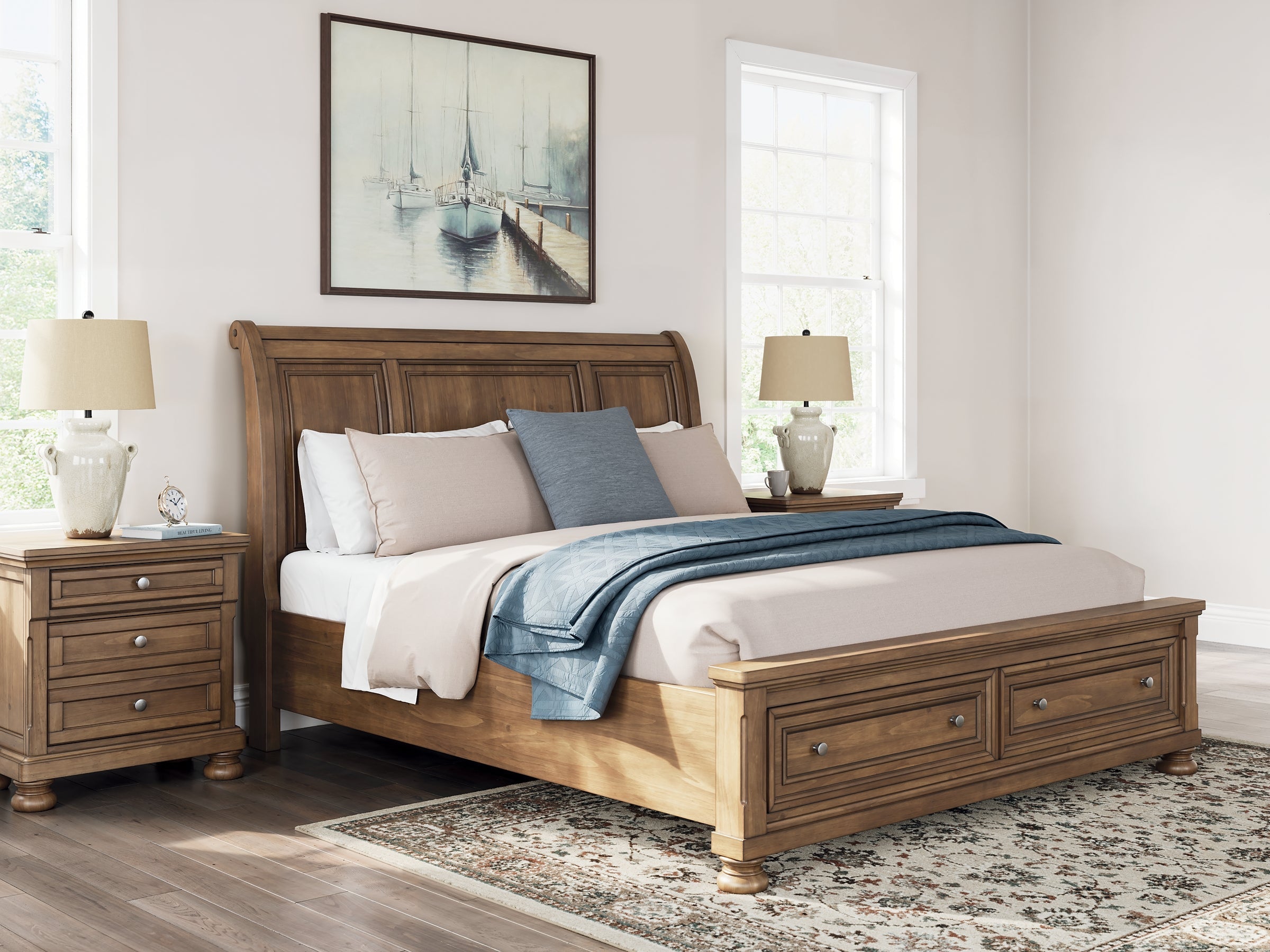Feddinger California King Storage Sleigh Bed with Mirrored Dresser and Chest