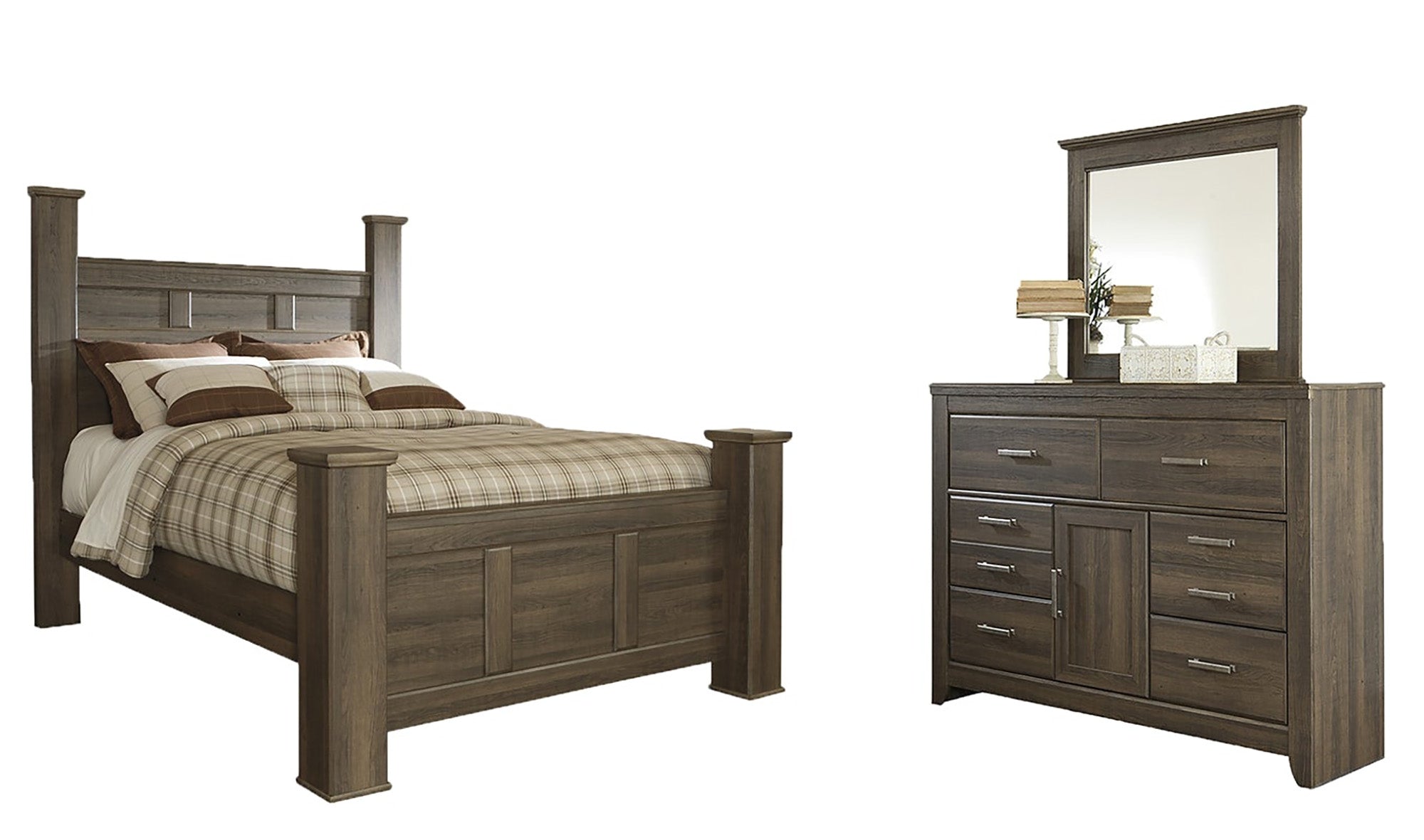 Juararo Queen Poster Bed with Mirrored Dresser