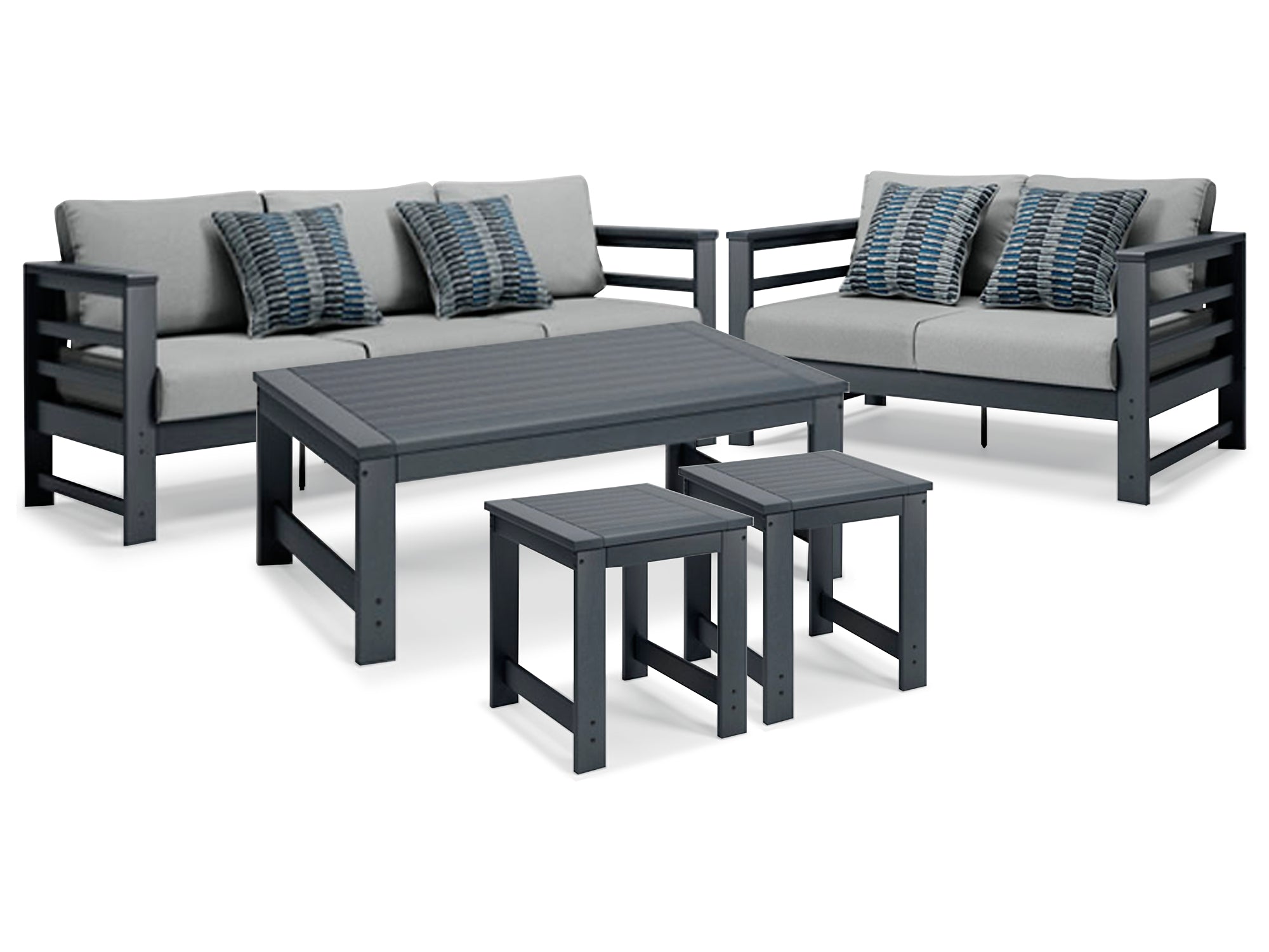 Amora Outdoor Sofa and Loveseat with Coffee Table and 2 End Tables